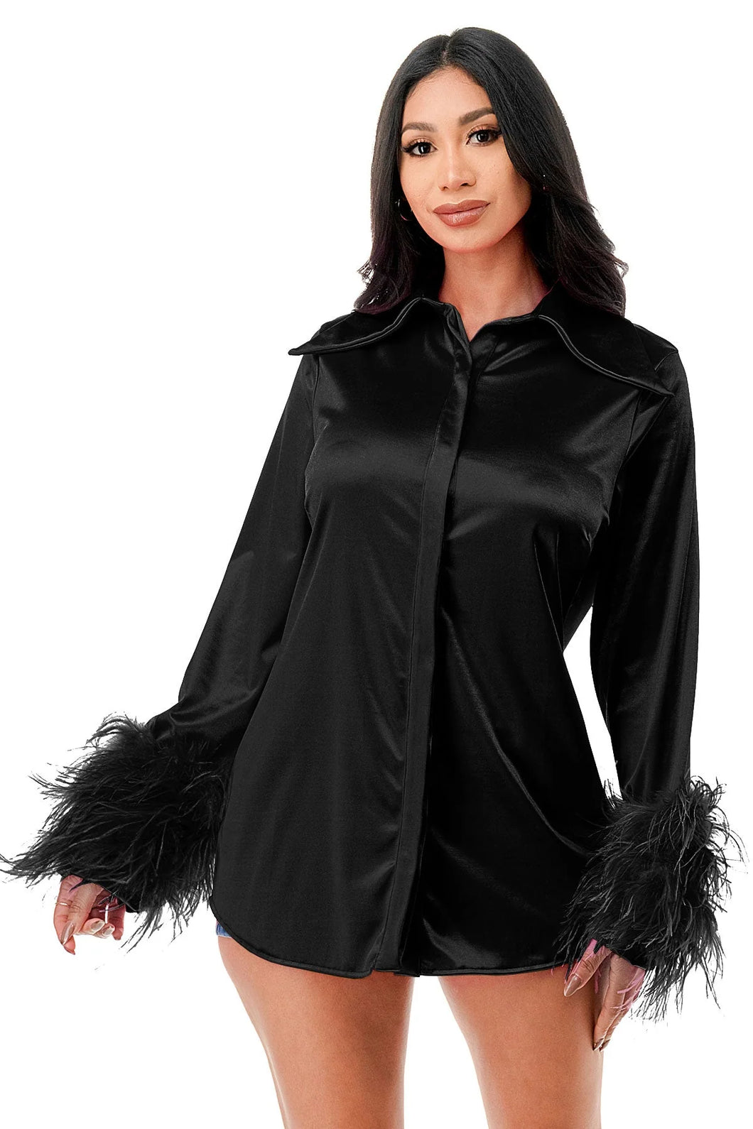 Long sleeves Front Button Feather Cuffs Satin Shirt