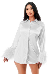 Long sleeves Front Button Feather Cuffs Satin Shirt