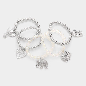 Metal Elephant Charm Faceted Beaded Stretch Bracelets