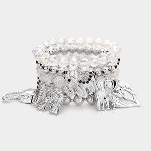 Metal Elephant Charm Faceted Beaded Stretch Bracelets