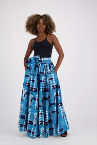 African Long Ankara Print Maxi Skirt With Pockets / Head-Wrap Elastic Waist