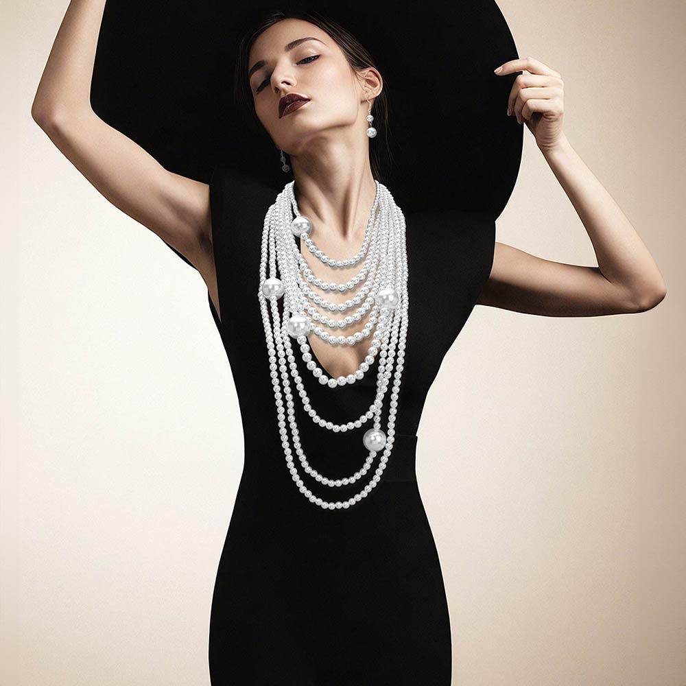 White 9 Multi Strand Pearl Statement Necklace