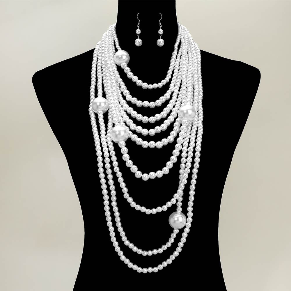 White 9 Multi Strand Pearl Statement Necklace