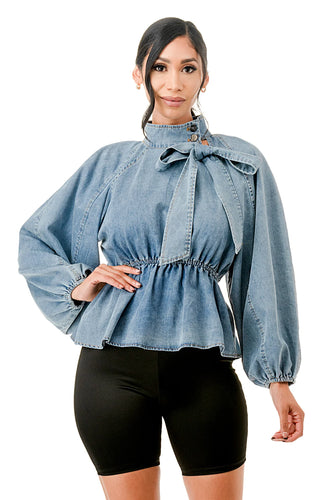 Mock Neck Tied Denim Blouse Shirts