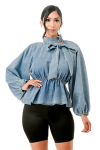 Mock Neck Tied Denim Blouse Shirts