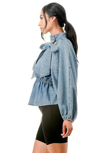 Mock Neck Tied Denim Blouse Shirts