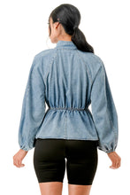 Load image into Gallery viewer, Mock Neck Tied Denim Blouse Shirts