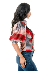 Puff Short Sleeve Button Down Shirt Top