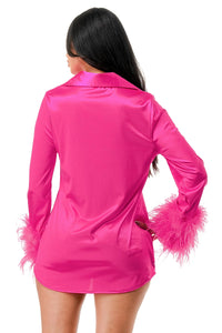 Long sleeves Front Button Feather Cuffs Satin Shirt