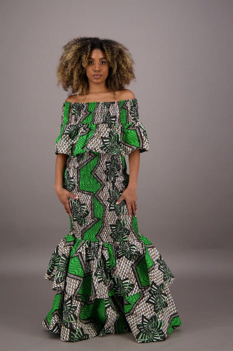 African Print Mermaid Dress  Onesize Fits Most On/Off Shoulder Headwrap Included/Pockets