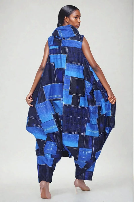 Multi-Tone Blue Patchwork Jumpsuit With Pockets