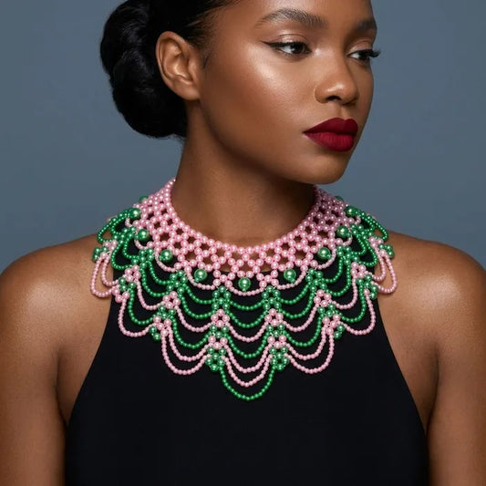 Cascading Pink Green Pearl Collar Necklace