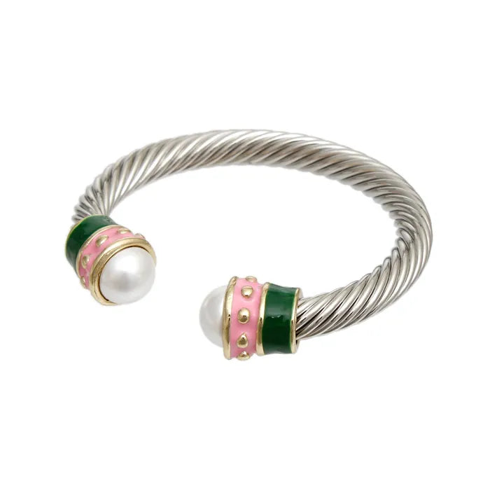 AKA Pearl Tip Enamel Two Tone Cuff Bracelet