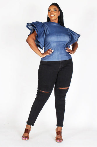 PLUS DENIM, ROUND NECK, LAYERED BUTTERFLY SHORT SLEEVE,