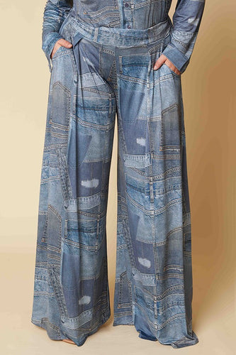 Denim Light Color Look Print  Wide Leg  One Size