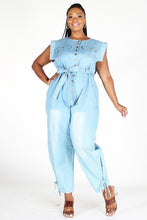 Load image into Gallery viewer, SLEEVELESS BUTTON DOWN DENIM JUMPSUIT WITH POCKETS, BELT