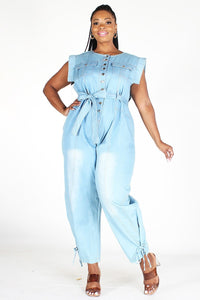 SLEEVELESS BUTTON DOWN DENIM JUMPSUIT WITH POCKETS, BELT