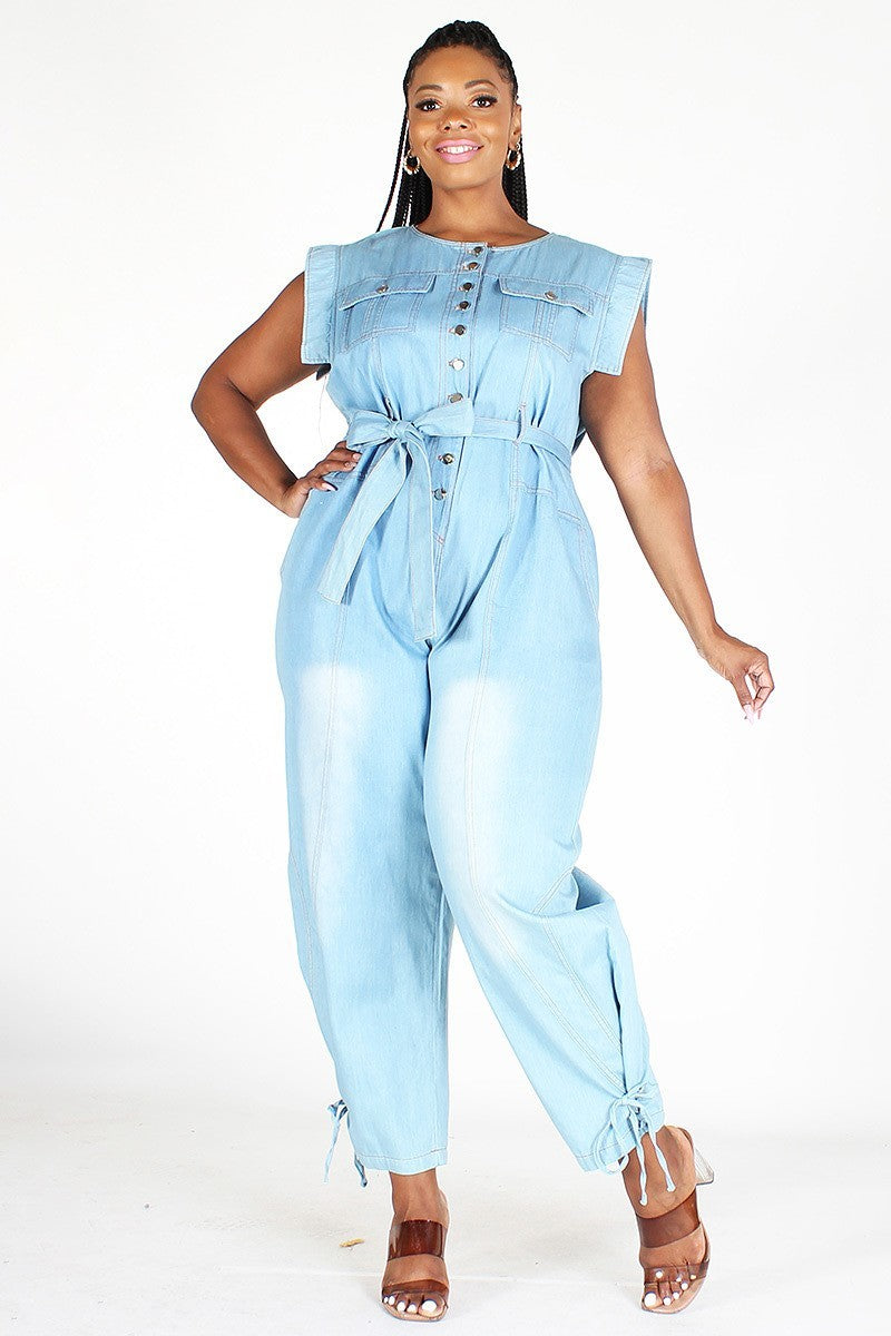 SLEEVELESS BUTTON DOWN DENIM JUMPSUIT WITH POCKETS, BELT