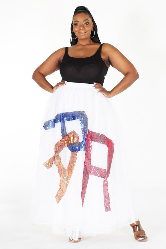 SOLID TULLE MAXI SKIRT WITH 3 COLOR SEQUIN LETTER