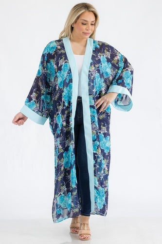 Blue print chiffon ruffled long sleeve open front onesize