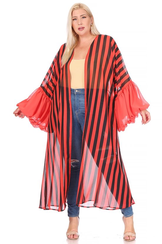 Striped chiffon ruffled long sleeve open front cardigan