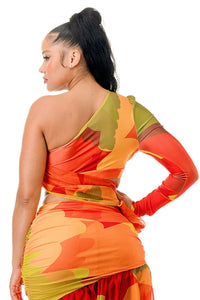 One Shoulder Long Sleeve Waist Tie Chiffon  Top