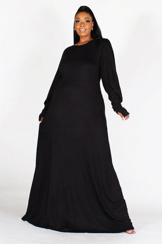 Long bubble sleeves , very stretchy solid maxi dress