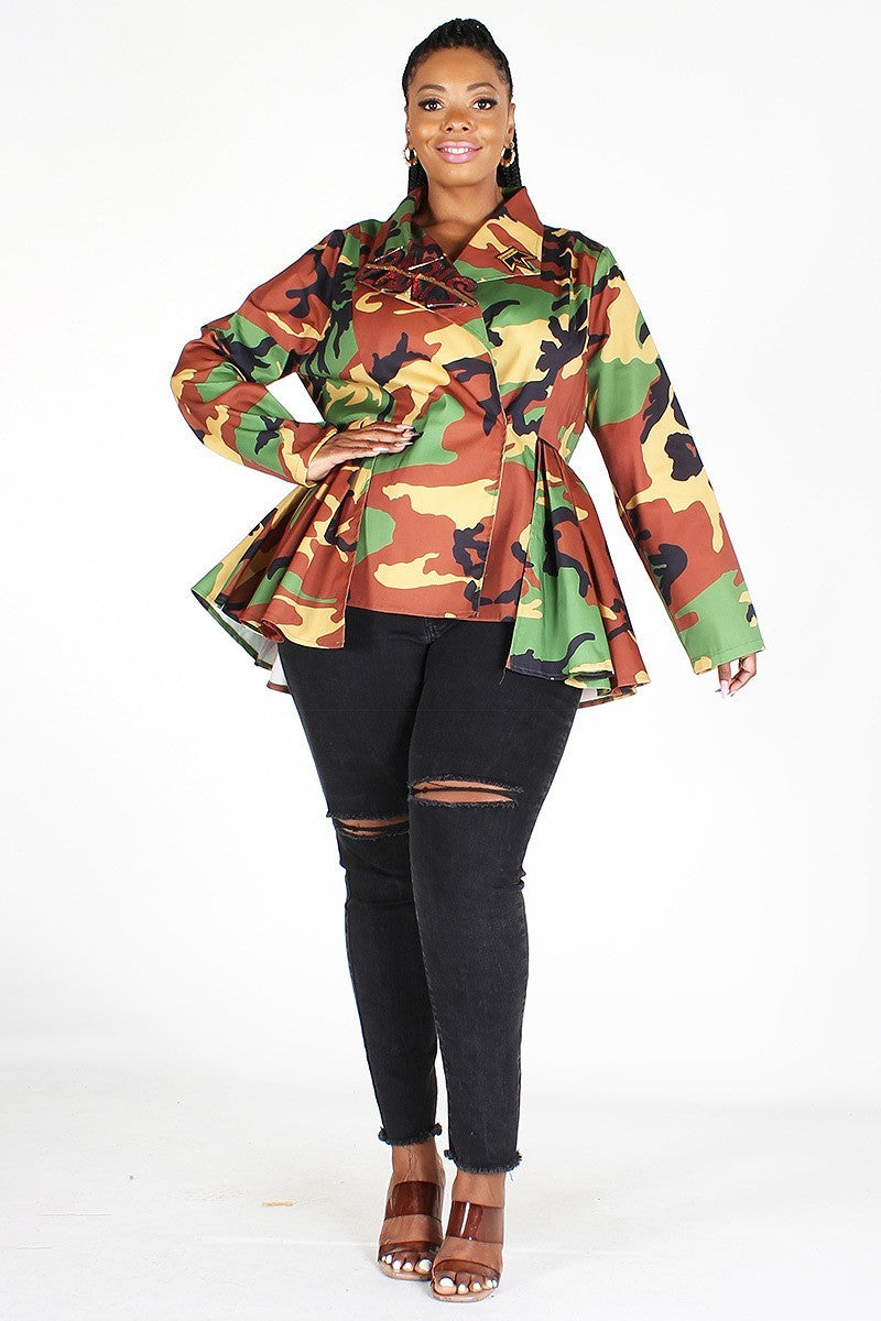 PLUS CAMO PRINT LONG SLEEVE V NECK PEPLUM JACKET