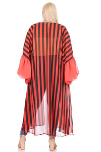 Striped chiffon ruffled long sleeve open front cardigan