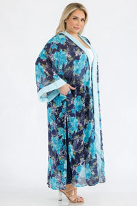 Blue print chiffon ruffled long sleeve open front onesize