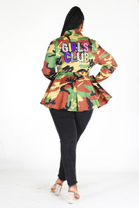 PLUS CAMO PRINT LONG SLEEVE V NECK PEPLUM JACKET