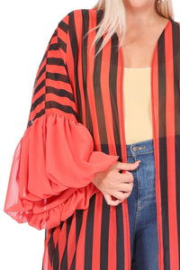 Striped chiffon ruffled long sleeve open front cardigan