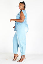 Load image into Gallery viewer, SLEEVELESS BUTTON DOWN DENIM JUMPSUIT WITH POCKETS, BELT