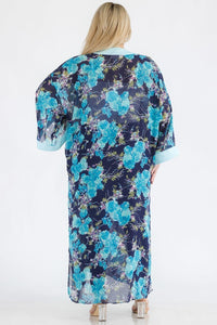 Blue print chiffon ruffled long sleeve open front onesize