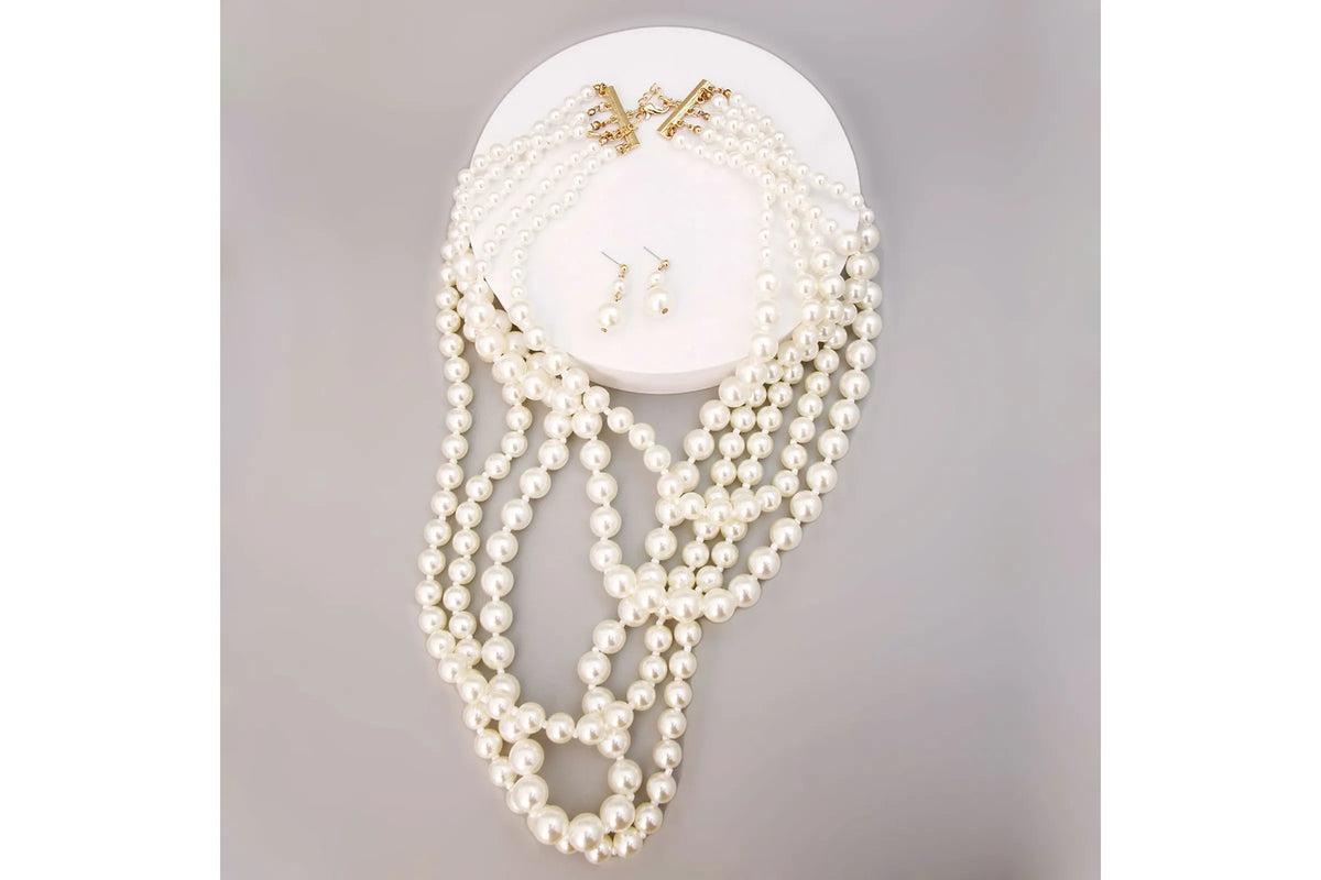 Long Layered 5 Strand Cream Pearl Necklace