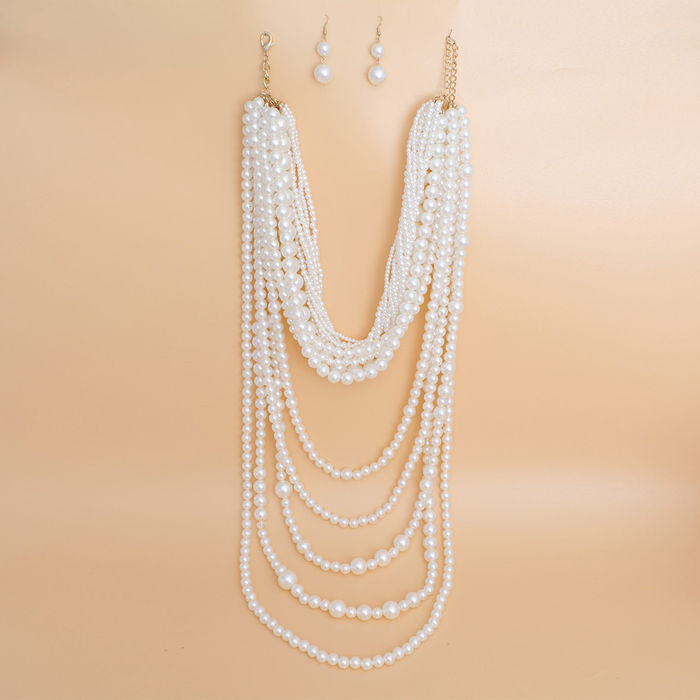 Multi-Strand Pearl Necklace Cream Cluster Long Set for