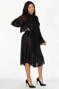 POLKA DOT MESH MIDI DRESS WITH NECK BOW TIE