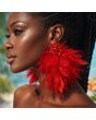 Red Beaded Cluster Long Feather Drop Earrings