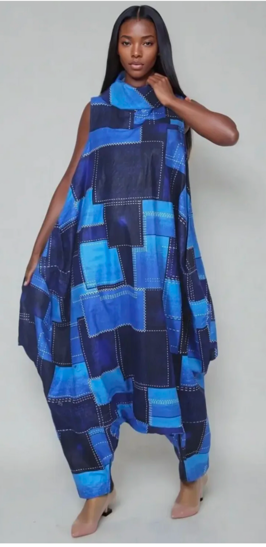 Multi-Tone Blue Patchwork Jumpsuit With Pockets