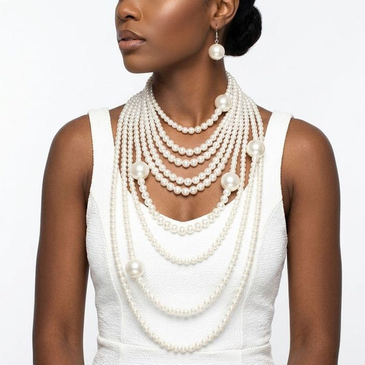 Cream Pearl 9 Strand Long Layer Luminous Necklace