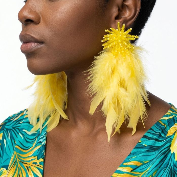 Yellow Beaded Cluster Long Feather Drop Earrings
