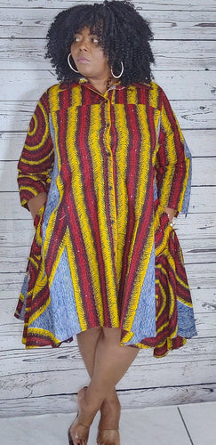 Ankara 3 tone shirt dress with pockets/head wrap ONESIZE