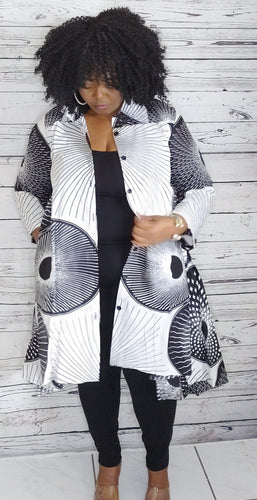 Ankara Black-White multi-color shirt dress with pockets ONESIZE