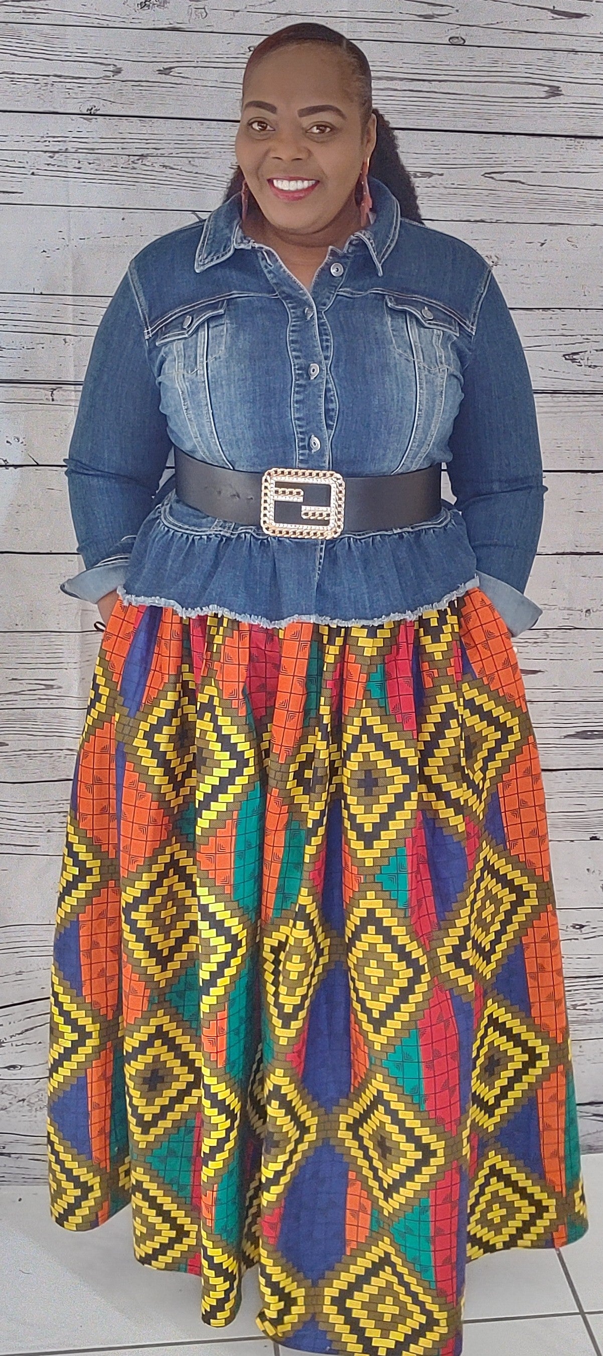 African Color Skirt Elastic Waist \Matching Head-Wrap/ Has side pockets. Onesize