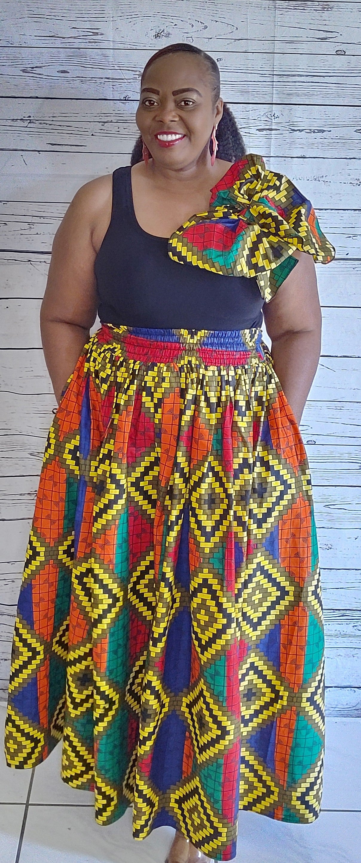 African Color Skirt Elastic Waist \Matching Head-Wrap/ Has side pockets. Onesize