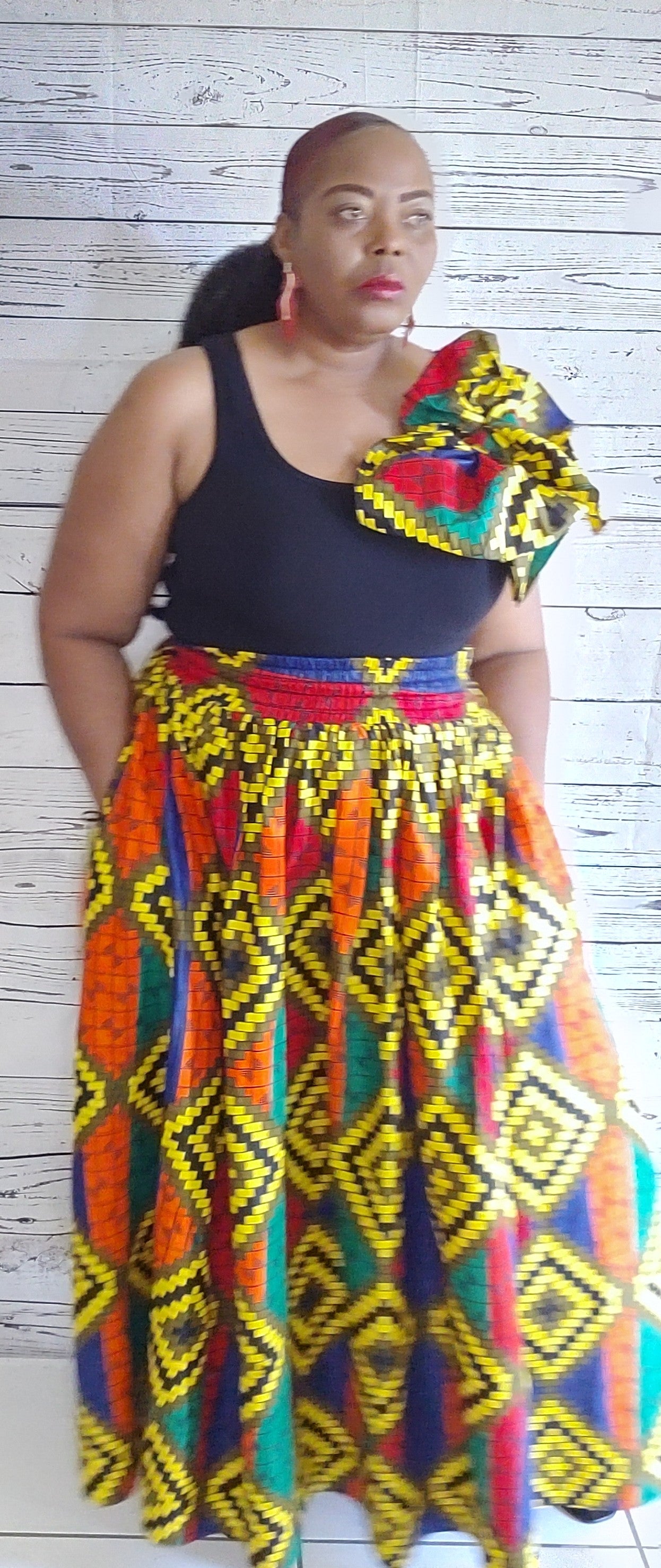 African Color Skirt Elastic Waist \Matching Head-Wrap/ Has side pockets. Onesize