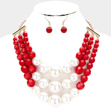 Load image into Gallery viewer, Red and White Pearl Faceted Bead Triple Layered Necklace