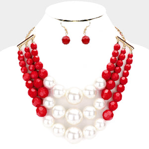 Red and White Pearl Faceted Bead Triple Layered Necklace