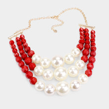 Load image into Gallery viewer, Red and White Pearl Faceted Bead Triple Layered Necklace