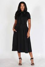 Load image into Gallery viewer, Solid, midi dress in a fit and flare style with a necktie